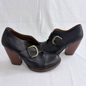Korks by Kork-Ease Heeled Booties Buckle Strap Black Leather Block Heel Size 7.5